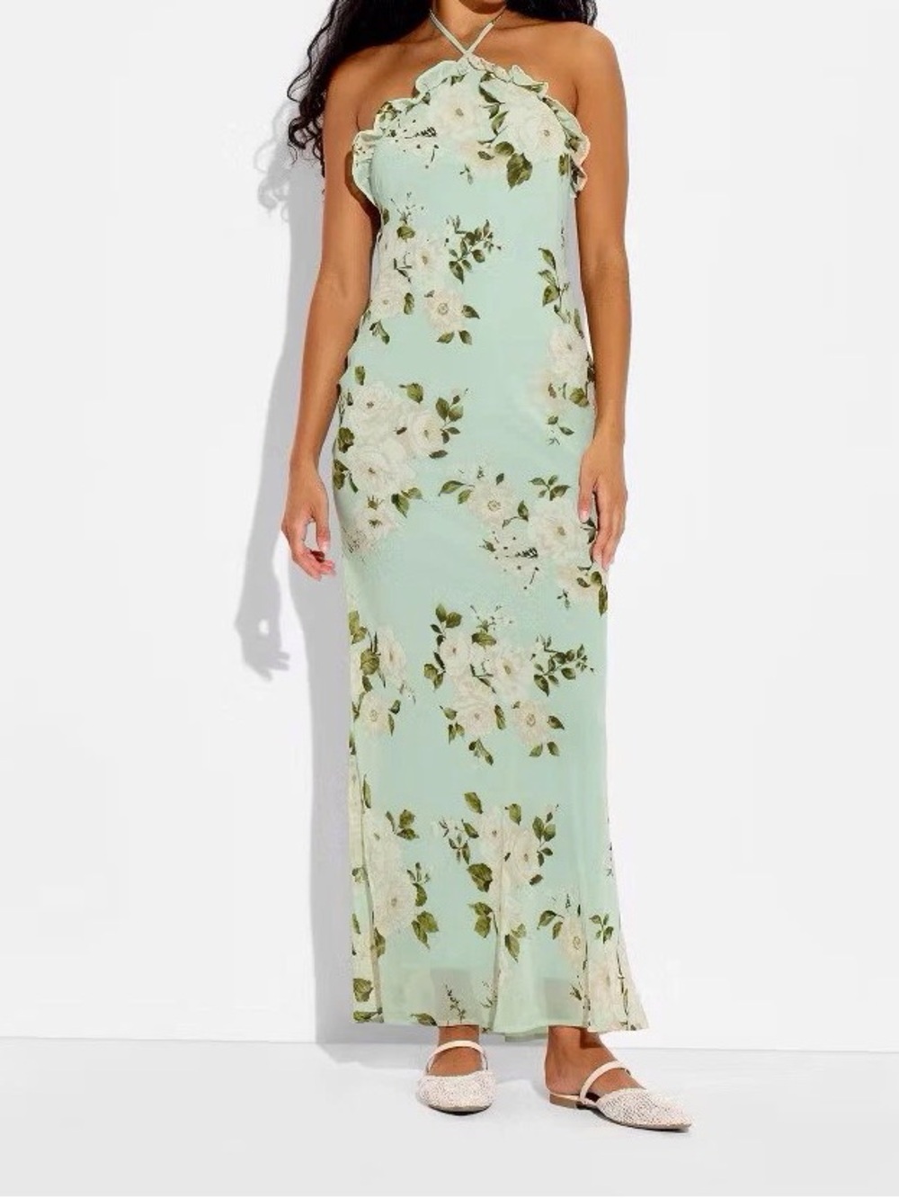 Ditsy Floral Mint Halter Maxi Dress